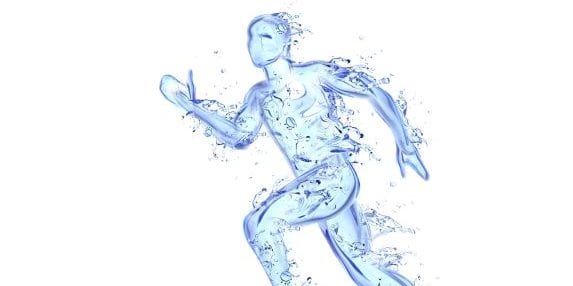 An artistic depiction of a person made entirely of water, shown in a dynamic running pose with splashes around the body on a white background.