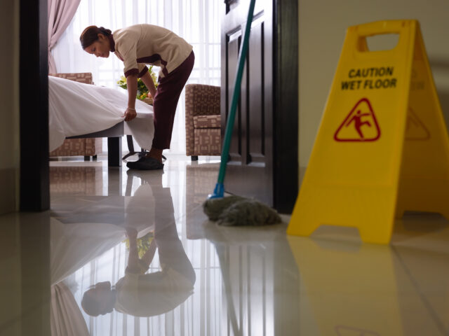 A person wearing a uniform is making a bed in a room with polished floors. A wet floor caution sign and a mop are visible in the foreground. The scene suggests cleaning activities typically seen in hotels, where hotel accident attorneys might be consulted if safety measures aren't followed.